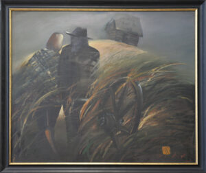Impressionistic painting of two dark, hat-wearing figures in a windy, muted field, framed with a black and gold border.
