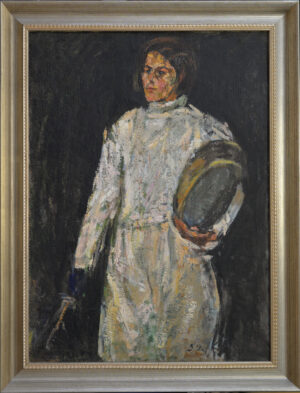 Impressionistic portrait of a woman in a pale dress against a dark background, framed by a gold ornate frame.