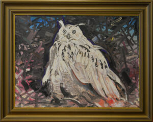 Abstract painting of a white bird with round eyes, set against a dark, scribbled background in a gold frame.