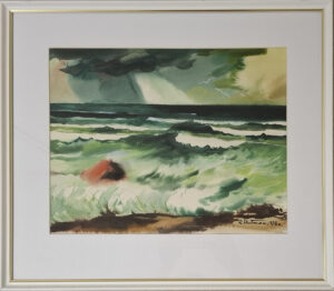Framed watercolor seascape: stormy green sky, dark waves, and white crested surf crashing toward a shore; signature bottom right.
