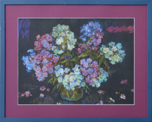 An impressionistic painting of a colorful bouquet in a vase against a dark background, framed with a purple mat and blue frame.