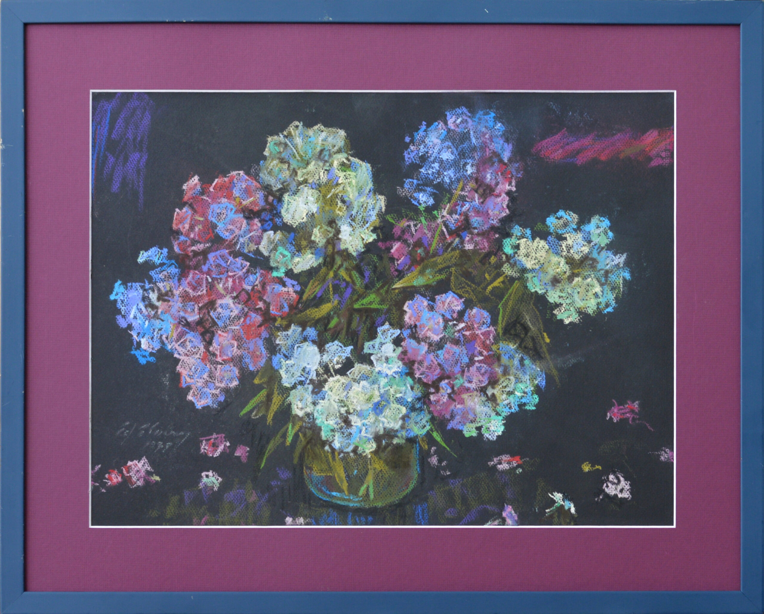 An impressionistic painting of a colorful bouquet in a vase against a dark background, framed with a purple mat and blue frame.