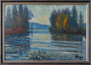 Impressionist landscape painting of a river between tree-lined banks, with blues and greens and a bright sky, in a decorative frame.
