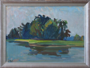 Impressionistic landscape painting of a green hill and trees by a calm lake, in a silver frame.