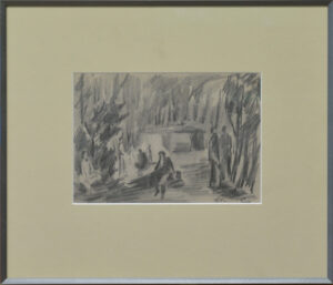 Framed charcoal sketch of a dense forest with dark vertical tree shapes on a light background.