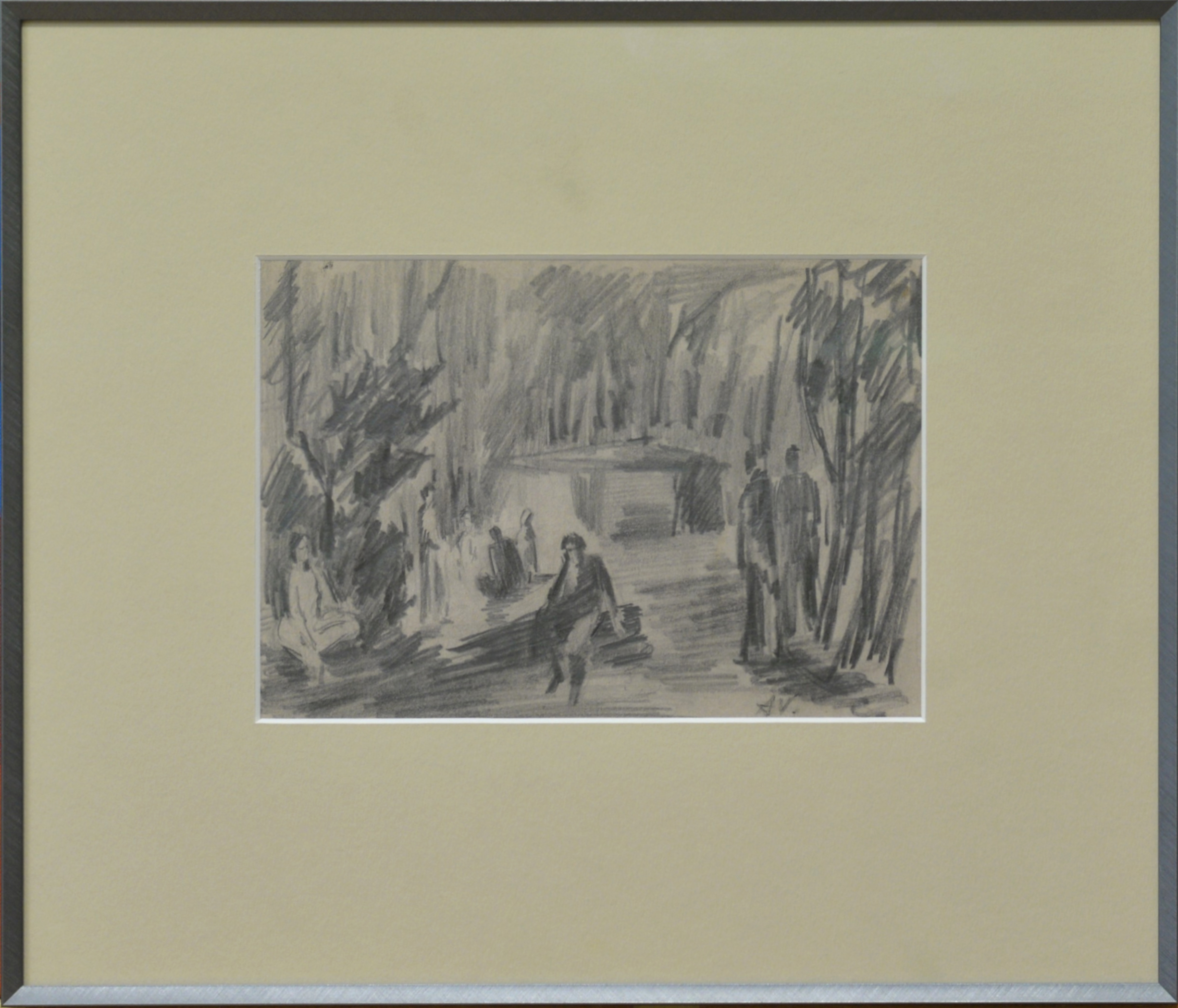 Framed charcoal sketch of a dense forest with dark vertical tree shapes on a light background.
