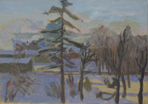 Impressionistic landscape with bare trees near a blue lake and distant hills under a pale sky, thick brushstrokes and muted coastal tones.