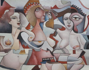 Cubist mural of intertwined abstract female figures with elongated faces and geometric shapes in warm reds, creams, and blues.