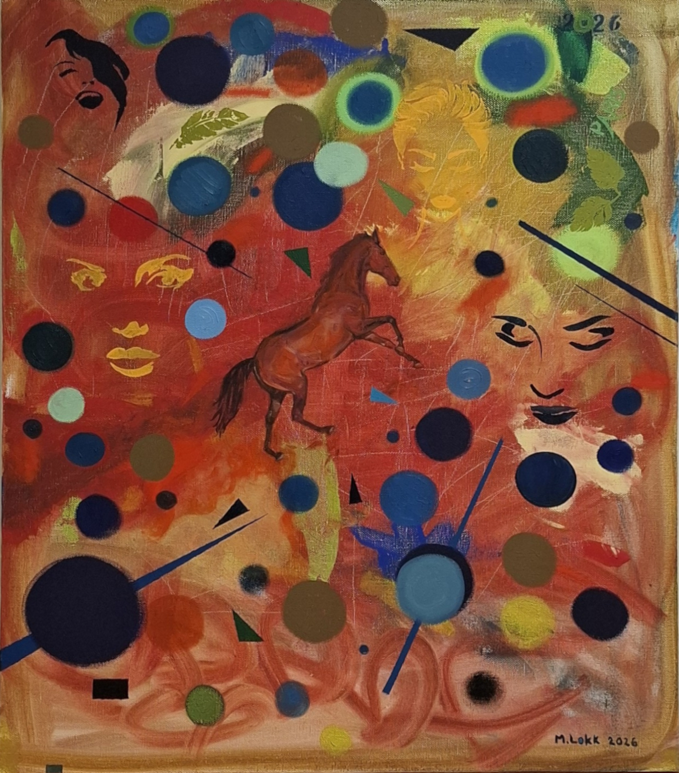 Abstract painting with a brown horse rearing at center, surrounded by multicolored dots, circles, and abstract faces on a warm orange-red background; artist signature bottom right.