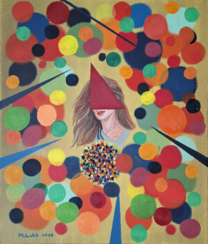 Abstract painting of a girl wearing a red triangular hat among multicolored circles and blue lines.