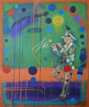 Abstract scene of a man in a suit playing a violin, with a small black bird perched on his hat, set against a green field with blue dots, orange drips and a warm border.