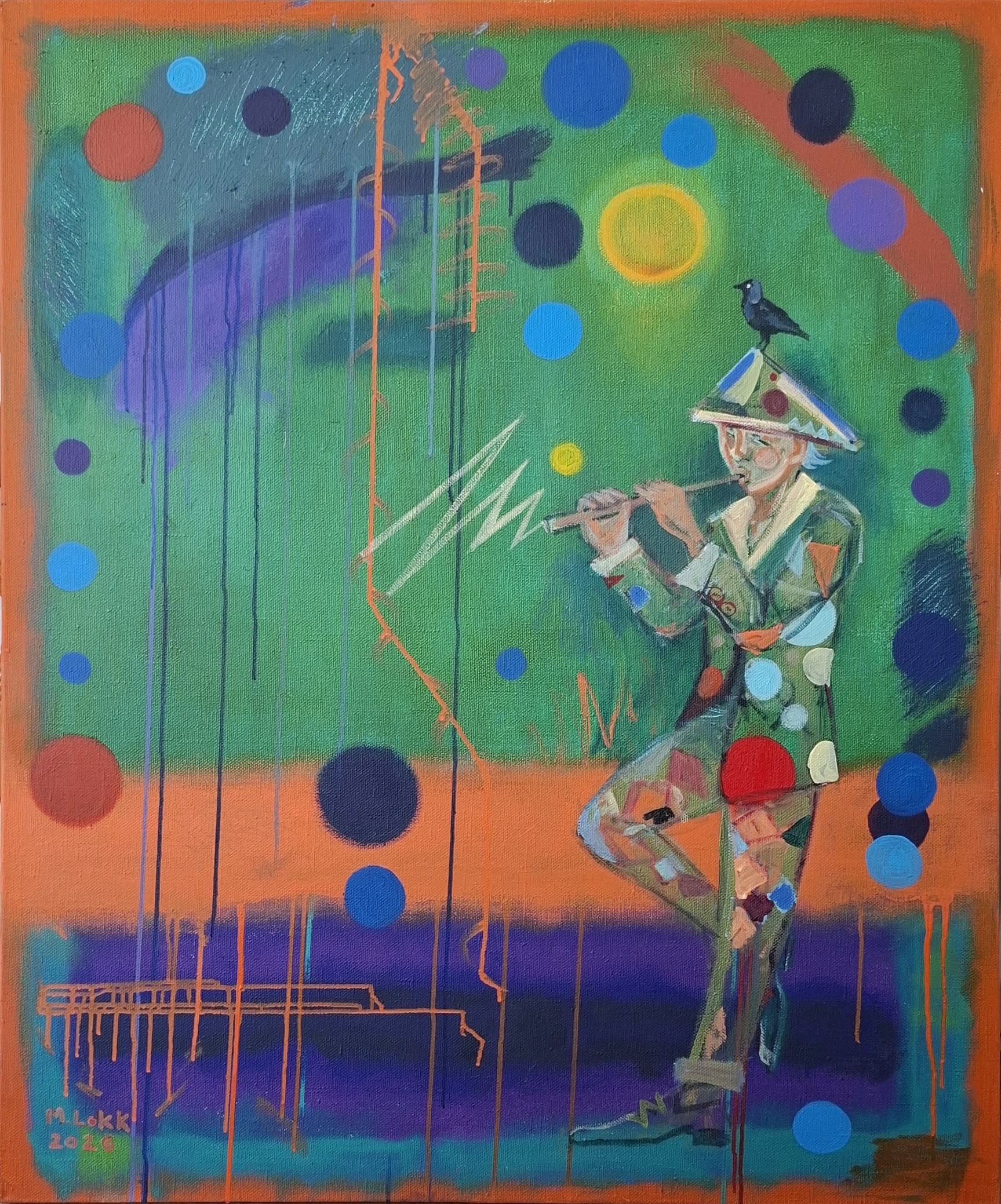 Abstract scene of a man in a suit playing a violin, with a small black bird perched on his hat, set against a green field with blue dots, orange drips and a warm border.