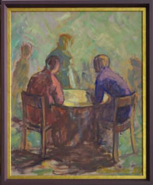 Impressionist painting of several people seated around a table outdoors, viewed from behind, with loose, colorful brushstrokes and a green background.