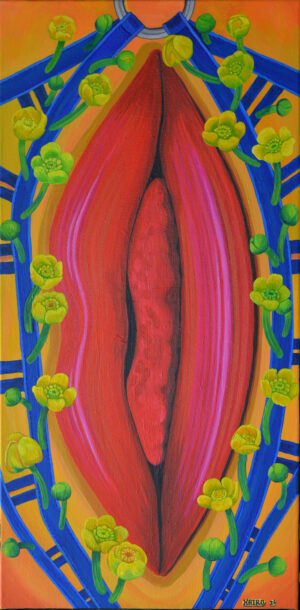 Abstract painting featuring a central red, organ-like form surrounded by blue arches and yellow flowers against an orange background.