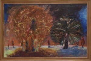 Abstract impressionist painting with warm red–orange tones on the left and dark blue tones on the right in a wooden frame, suggesting a dynamic landscape or crowd could be present.