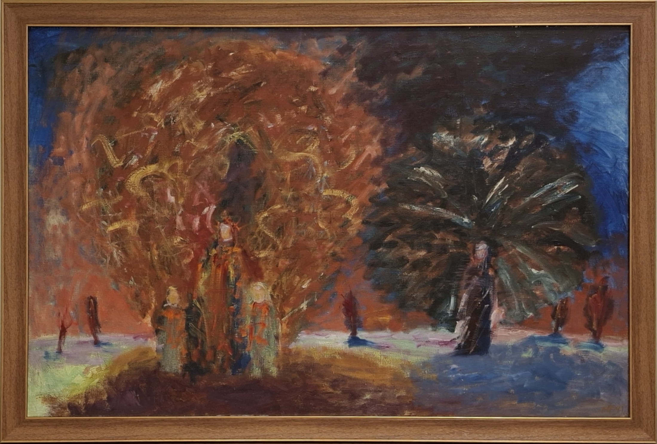 Abstract impressionist painting with warm red–orange tones on the left and dark blue tones on the right in a wooden frame, suggesting a dynamic landscape or crowd could be present.