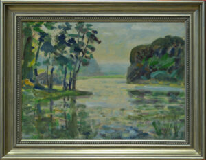 Impressionist landscape painting of a river or pond with trees on the left and rolling hills on the right, in a silver ornate frame.