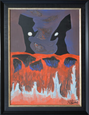 Abstract painting with two black silhouettes facing each other, each with a white circular eye, set against a purple-blue background and a fiery red ground; framed in black with a gold inner border.