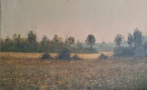 Soft, misty landscape with a distant treeline and a muted field in the foreground.