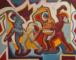 Abstract mural of overlapping, stylized human figures in bright red, orange, yellow, blue and teal, outlined with bold black lines and geometric shapes.