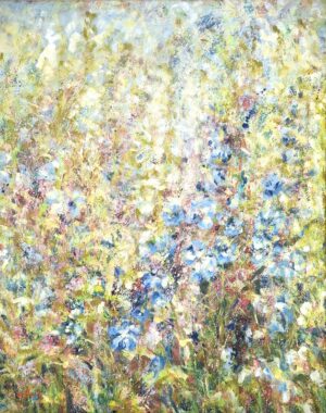 Abstract impressionist painting with dense, pastel brushstrokes in blues, yellows, pinks and greens.