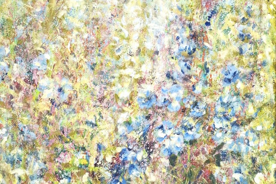 Abstract impressionist painting with dense, pastel brushstrokes in blues, yellows, pinks and greens.